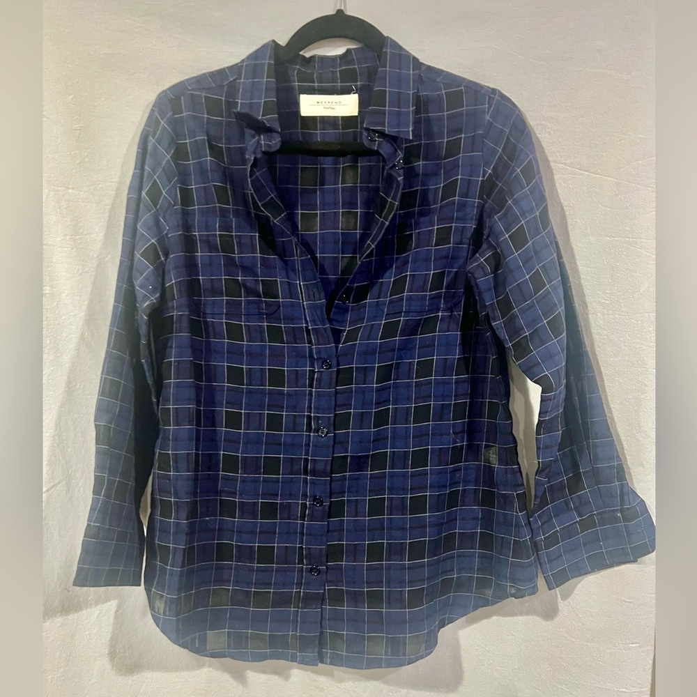 MaxMara Dark Blue Plaid Button Down Shirt large